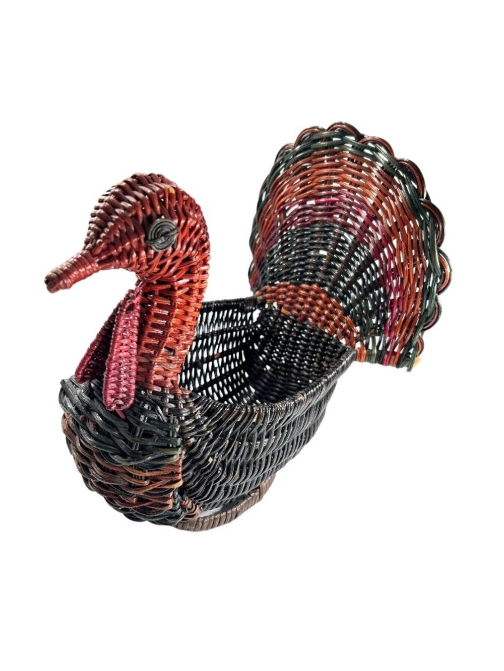 Vtg Wicker Turkey Basket Rattan Red Green Fall Bird Decor Handwoven Colorful